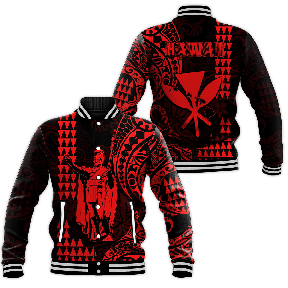 Hawaii Day Kakau Baseball Jacket Proud To Be Hawaiian Red King Kamehameha and Kanaka Maoli LT13 Unisex Red - Polynesian Pride