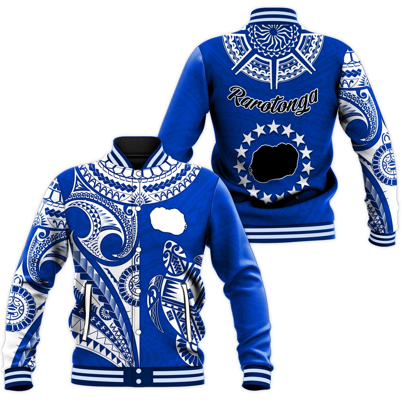 Rarotonga Cook Islands Baseball Jacket Turtle and Map Style Blue LT13 Unisex Blue - Polynesian Pride