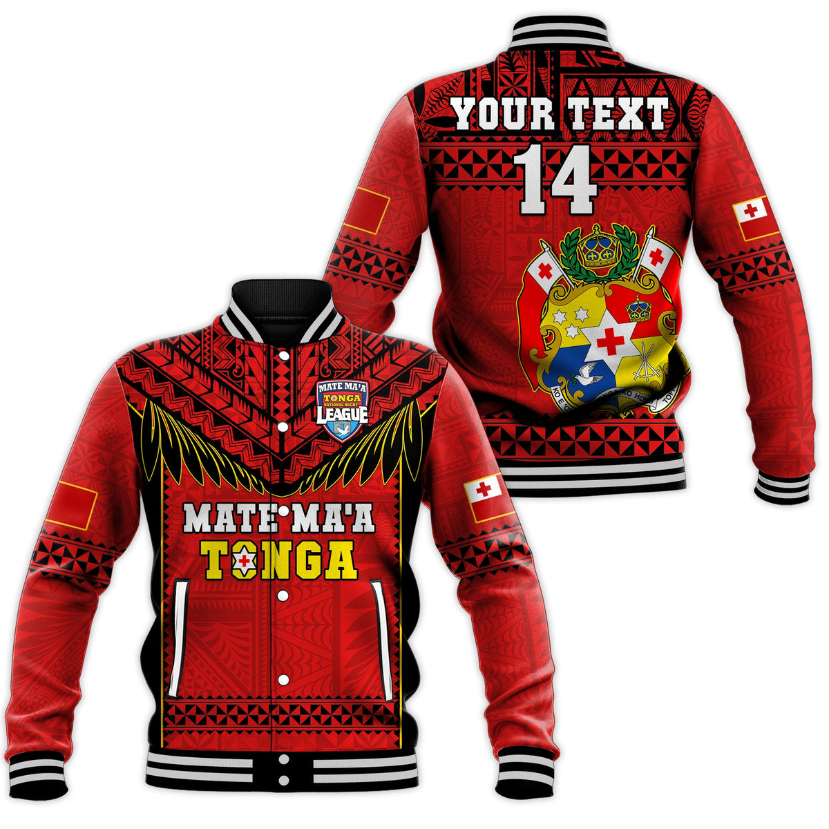 (Custom Text And Number) Tonga Rugby Baseball Jacket Mate Maa Tonga Pacific Ngatu Black LT14 Unisex Red - Polynesian Pride