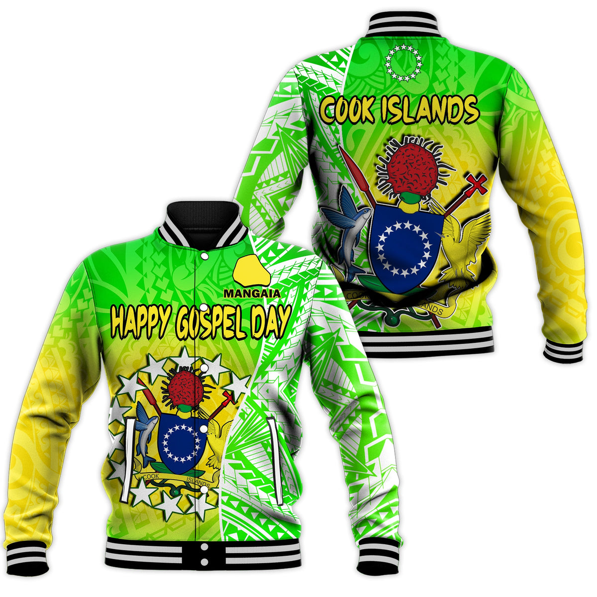 Happy Mangaia Gospel Day Baseball Jacket Cook Islands Coat Of Arms Polynesian Pattern LT14 Unisex Green - Polynesian Pride