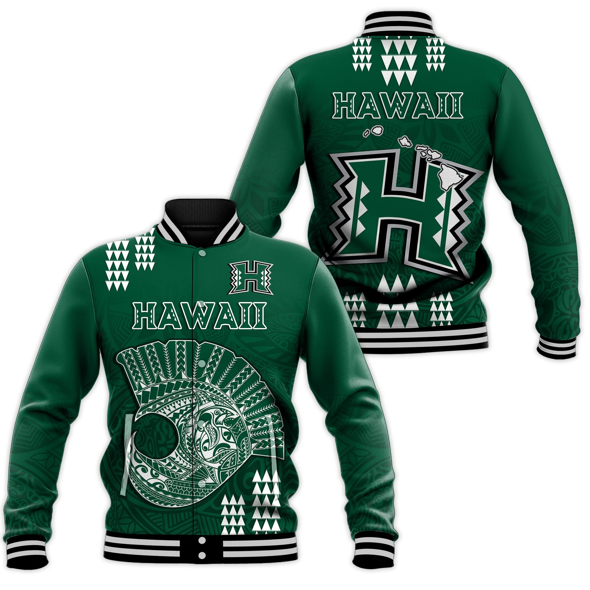 Hawaii Football Baseball Jacket Kakau Rainbow Warriors Helmet LT14 Unisex Green - Polynesian Pride