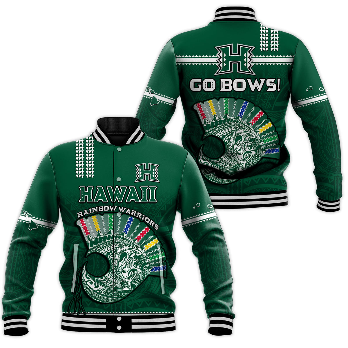 Hawaii Football Baseball Jacket Kakau Rainbow Warriors Helmet Go Bows LT14 Unisex Green - Polynesian Pride
