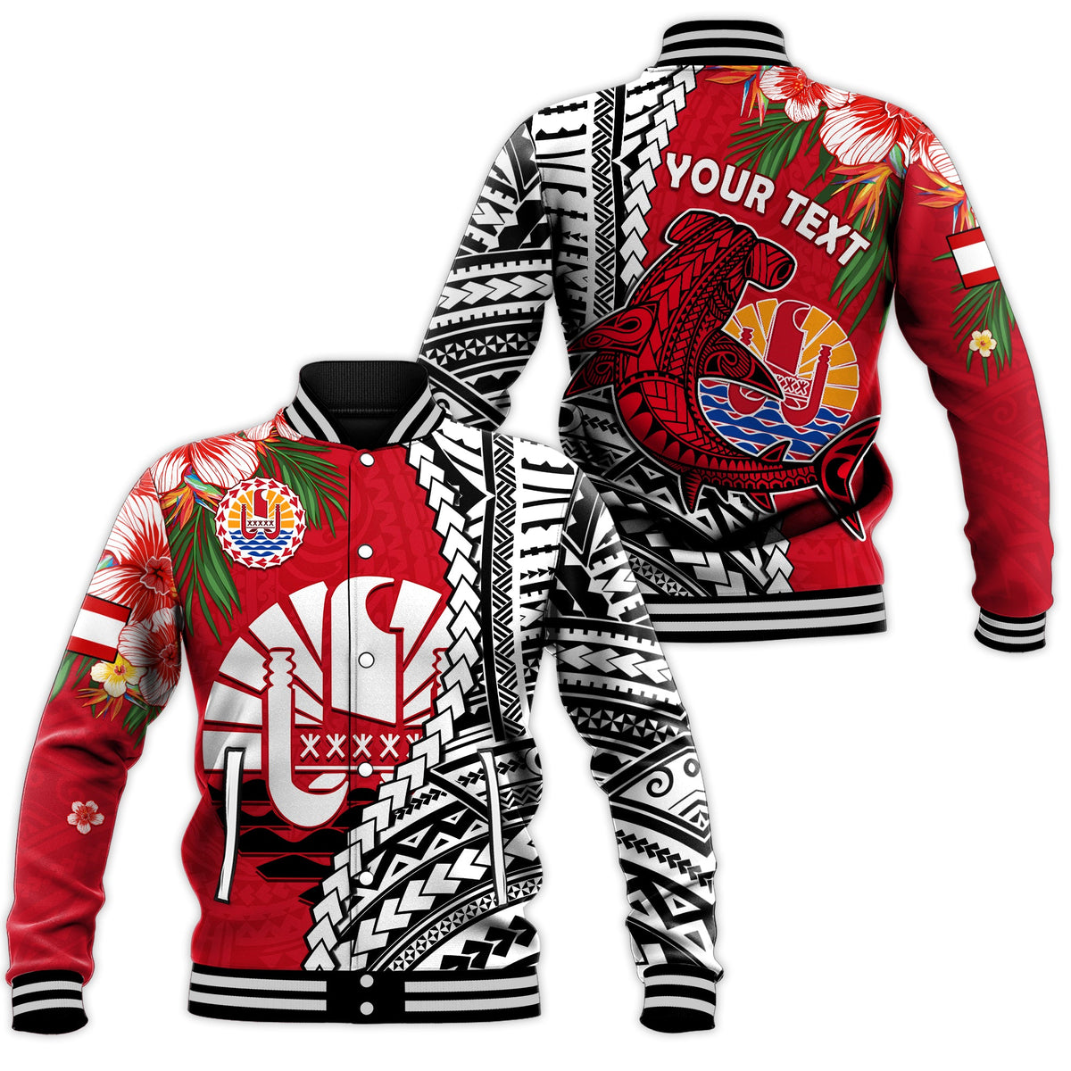 (Custom Personalised) Tahiti Islands Baseball Jacket Polynesian Shark Mix Tropical Flowers LT14 Unisex Red - Polynesian Pride