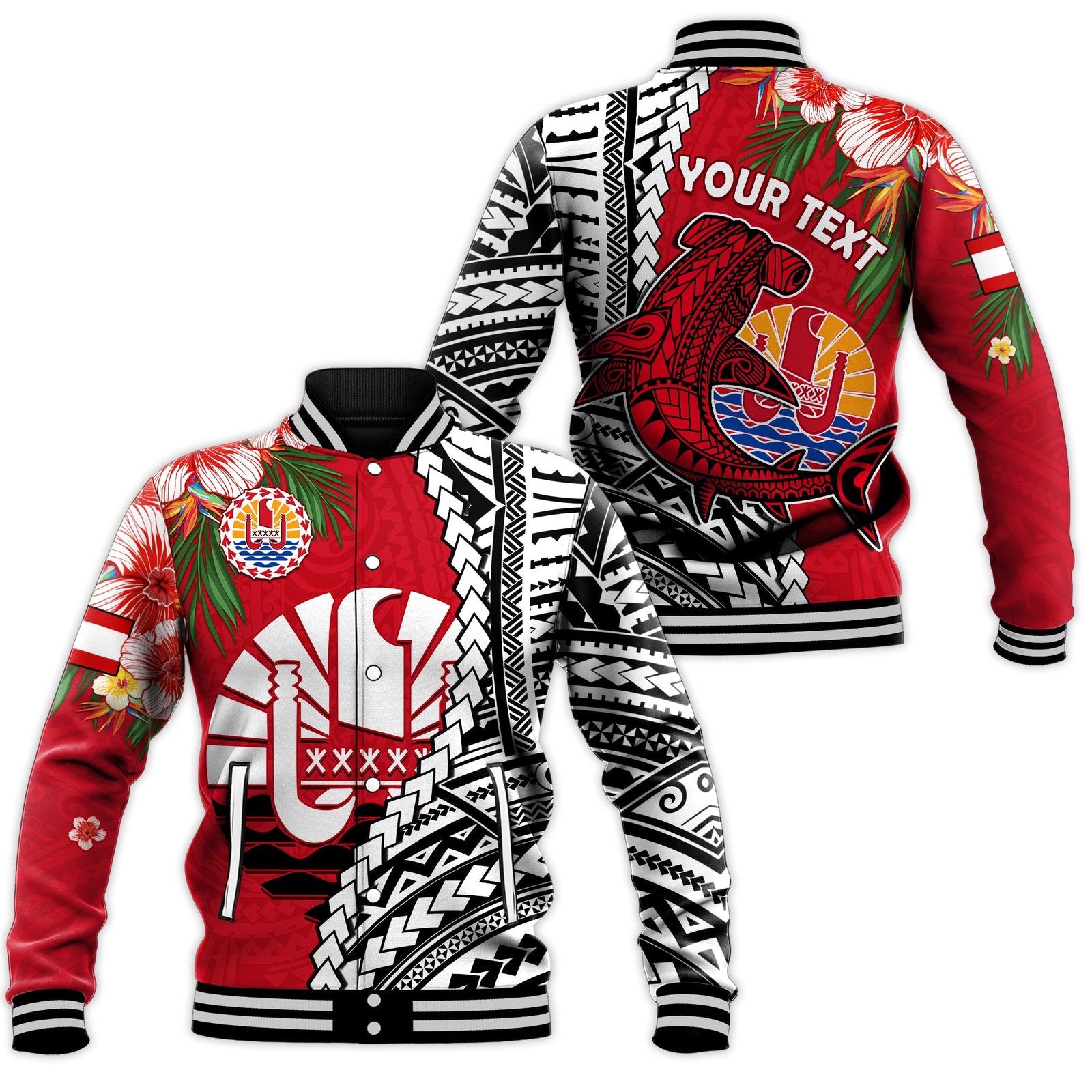 (Custom Personalised) Tahiti Islands Baseball Jacket Polynesian Shark Mix Tropical Flowers LT14 Unisex Red - Polynesian Pride