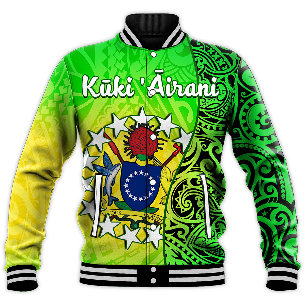 Cook Islands Baseball Jacket Cook Islands Coat Of Arms Turtle Polynesian LT14 Unisex Green - Polynesian Pride