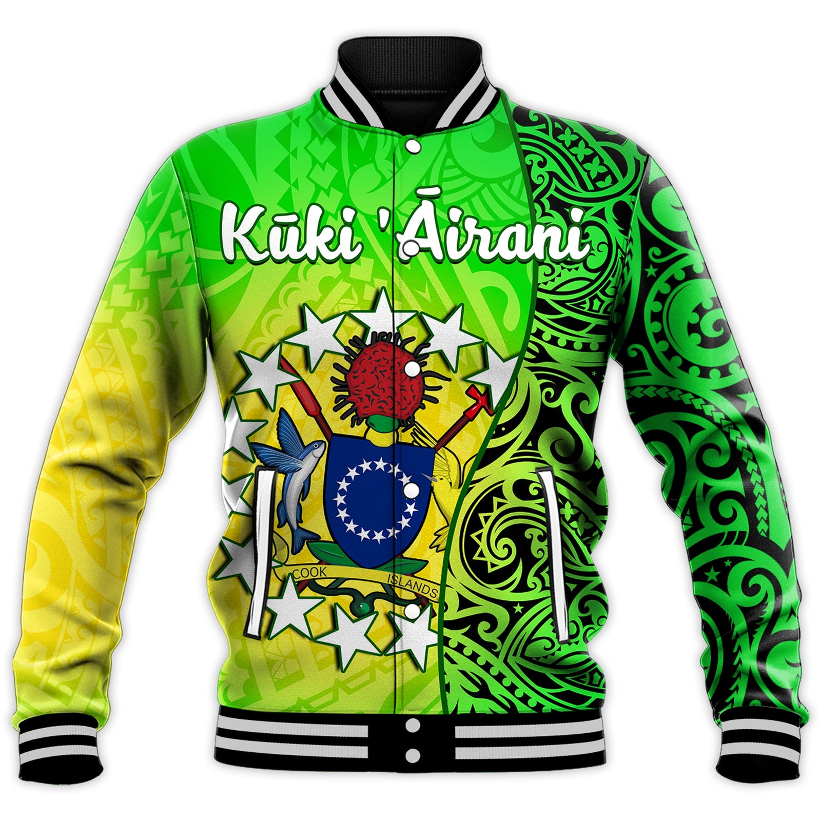 Cook Islands Baseball Jacket Cook Islands Coat Of Arms Turtle Polynesian LT14 Unisex Green - Polynesian Pride
