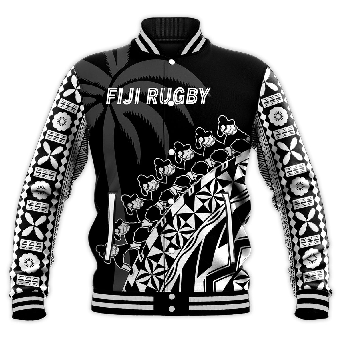 Fiji Rugby Baseball Jacket Fijian Cibi Dance Tapa Pattern Black LT14 - Polynesian Pride