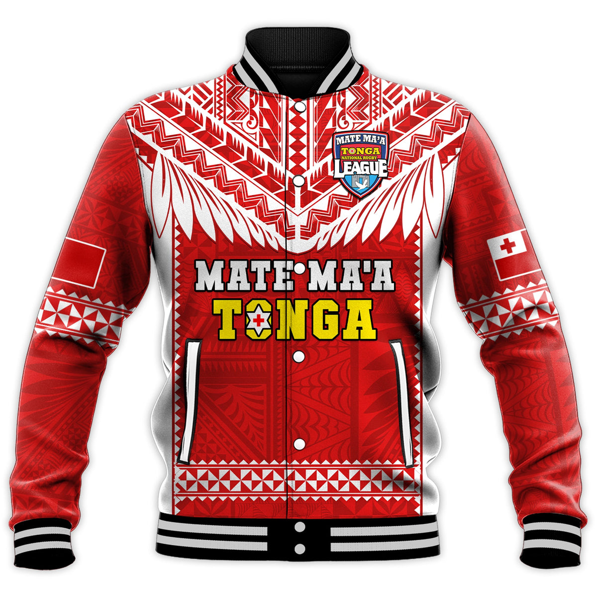 (Custom Text And Number) Tonga Rugby Baseball Jacket Mate Maa Tonga Pacific Ngatu White LT14 - Polynesian Pride