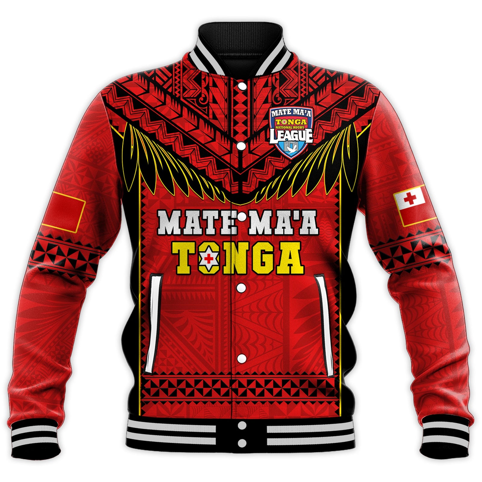 Tonga Rugby Baseball Jacket Mate Maa Tonga Pacific Ngatu Black LT14 Unisex Red - Polynesian Pride