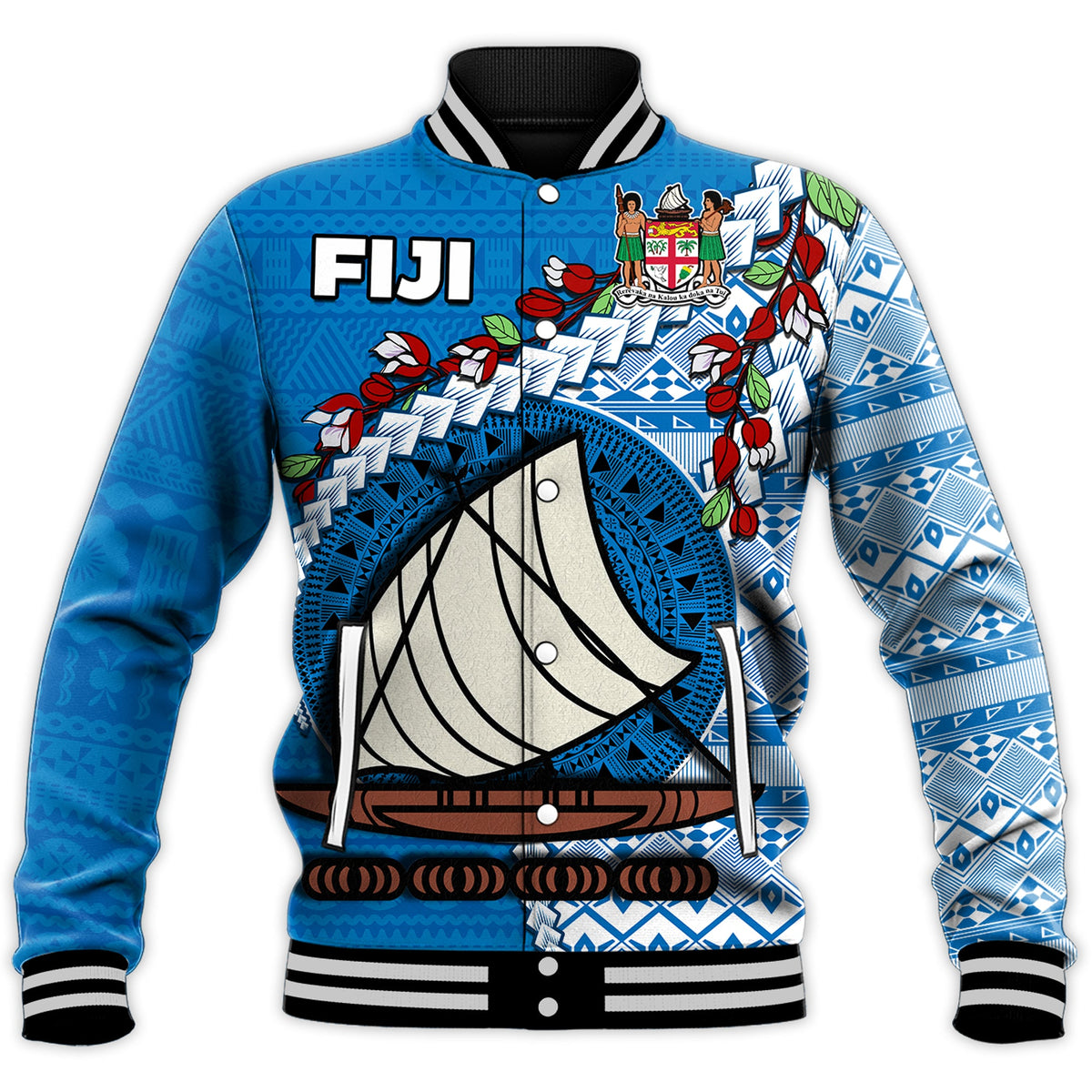 Fiji Baseball Jacket Fijian Drua Mix Tagimaucia Flower Blue Style LT14 - Polynesian Pride