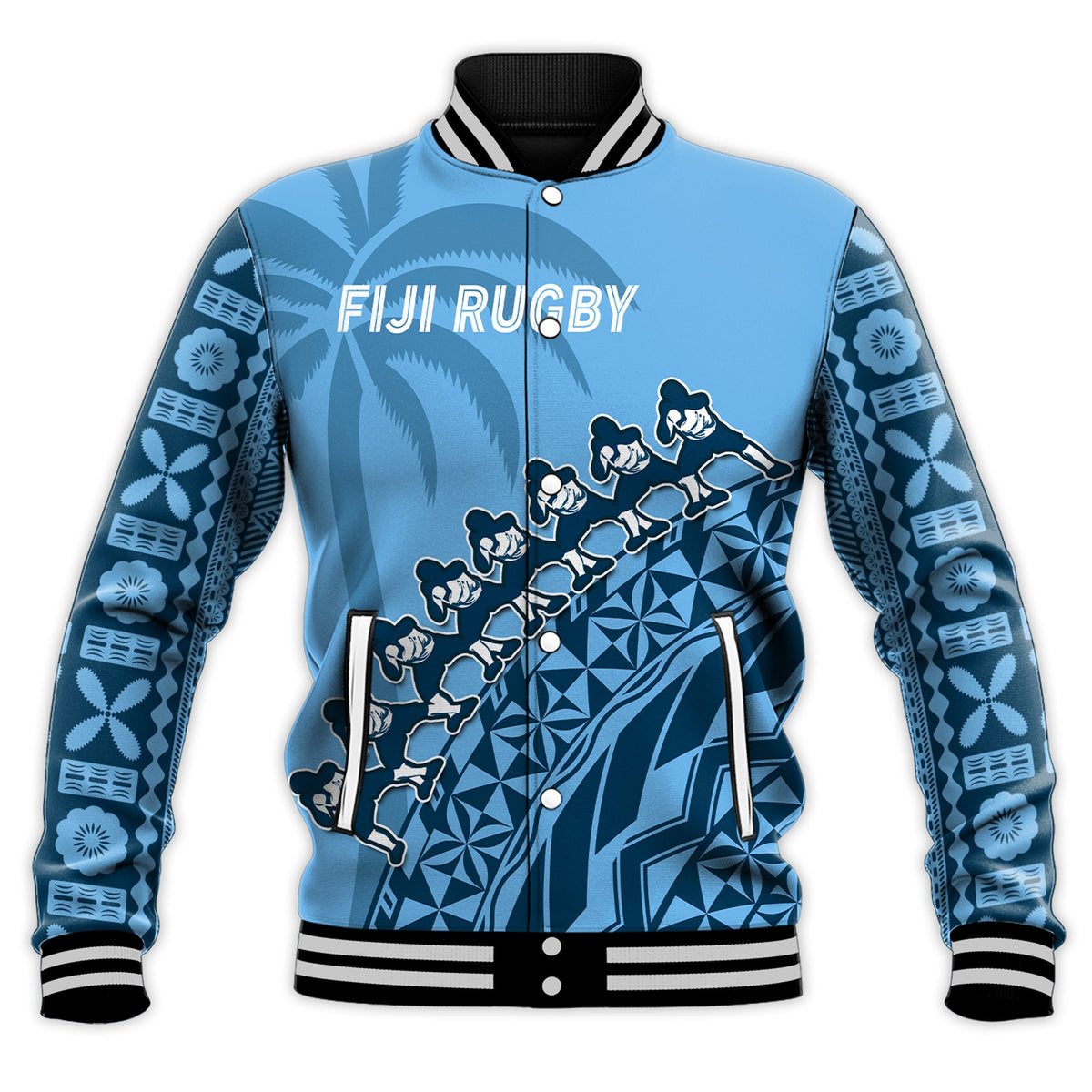 (Custom Text And Number) Fiji Tapa Rugby Baseball Jacket Fijian Cibi Dance Tapa Pattern Blue LT14 - Polynesian Pride