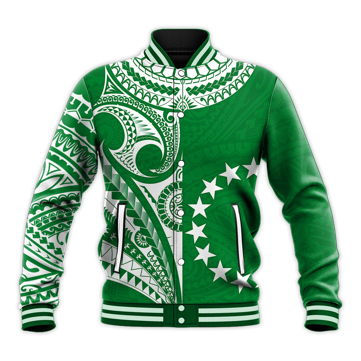 Cook Islands Tatau Baseball Jacket Symbolize Passion Stars Version Green LT13 - Polynesian Pride