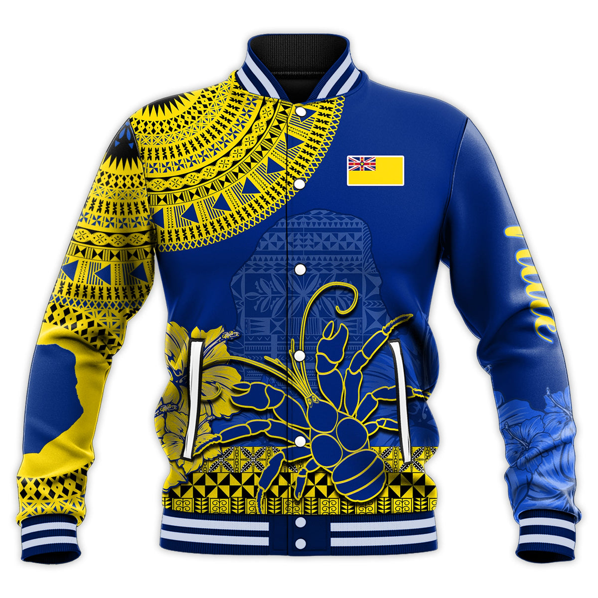 Niue Hiapo Baseball Jacket Rock of Polynesia Tapa Niuean Crab Happy Day LT13 Unisex Blue - Polynesian Pride