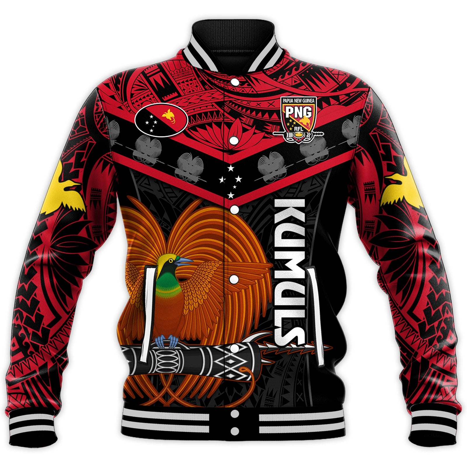 (Custom Text And Number) Papua New Guinea Rugby Baseball Jacket PNG Kumuls Bird Of Paradise Black LT14 Unisex Black - Polynesian Pride