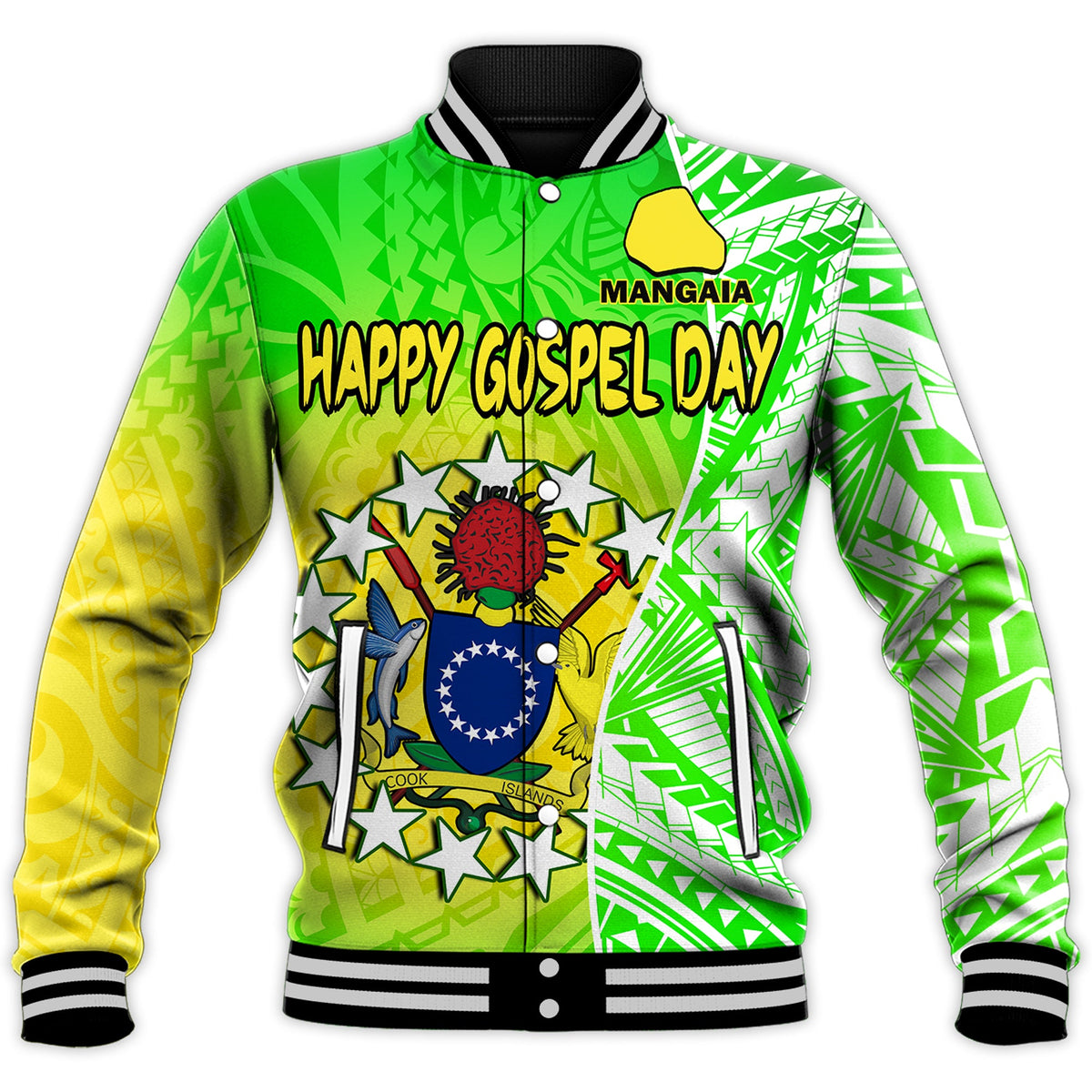Happy Mangaia Gospel Day Baseball Jacket Cook Islands Coat Of Arms Polynesian Pattern LT14 - Polynesian Pride