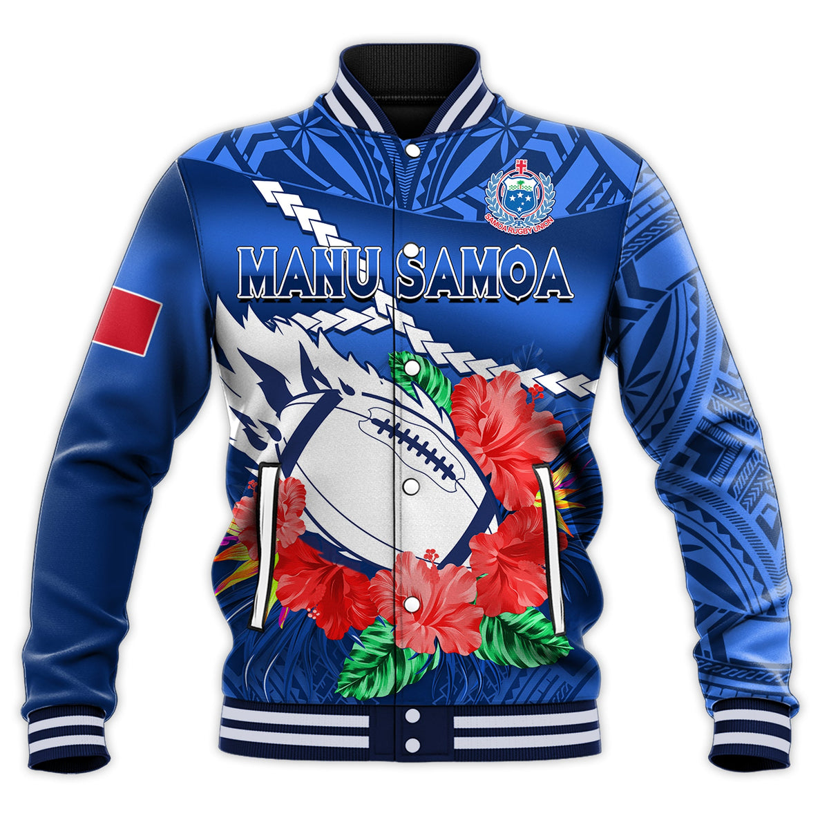 (Custom Text And Number) Samoa Rugby Baseball Jacket Manu Samoa Polynesian Hibiscus Blue Style LT14 - Polynesian Pride