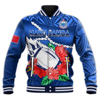 (Custom Text And Number) Samoa Rugby Baseball Jacket Manu Samoa Polynesian Hibiscus Blue Style LT14 - Polynesian Pride