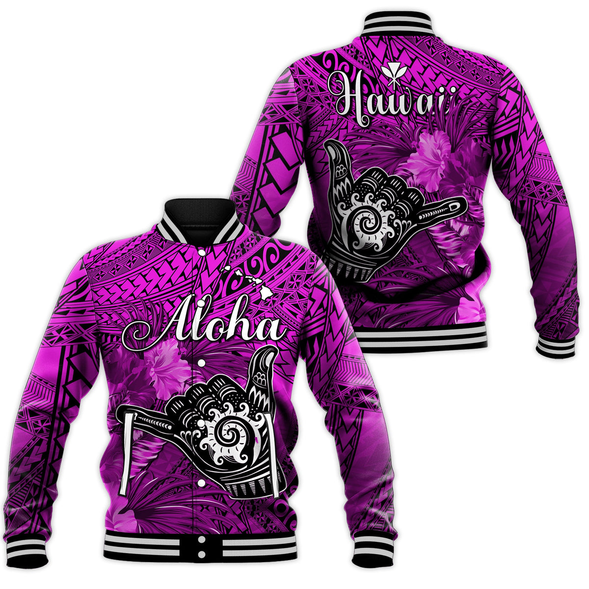 The Shaka Hawaii Baseball Jacket Tropical Flowers Purple Version LT13 Unisex Purple - Polynesian Pride