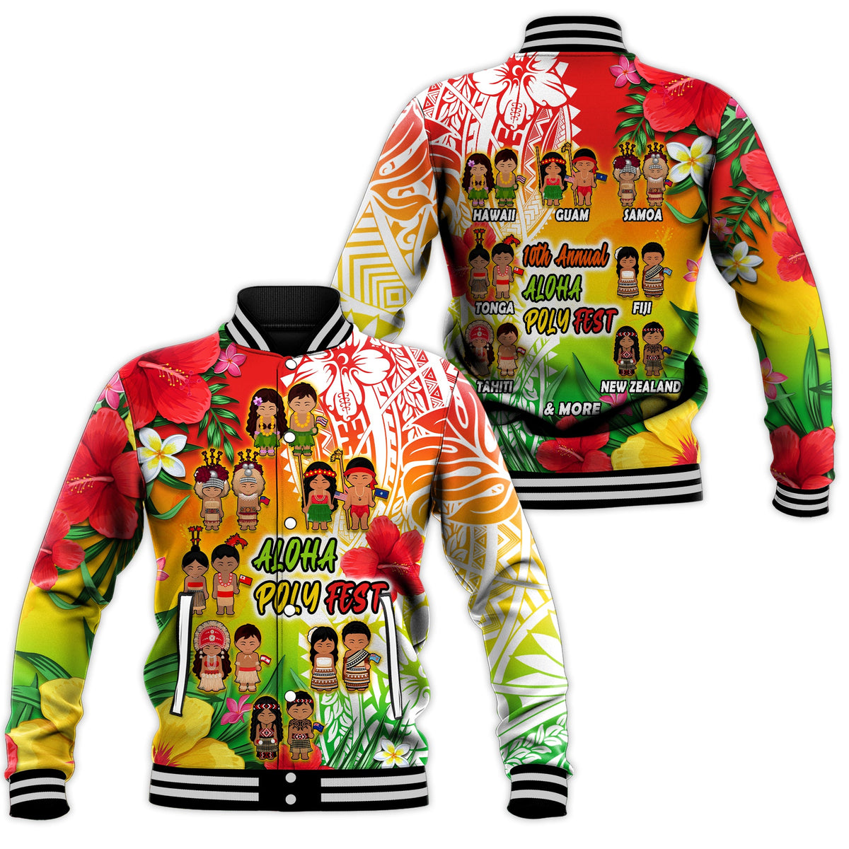 Aloha Poly Fest Baseball Jacket Polynesian Pattern With Tropical Flowers LT14 Unisex Reggae - Polynesian Pride