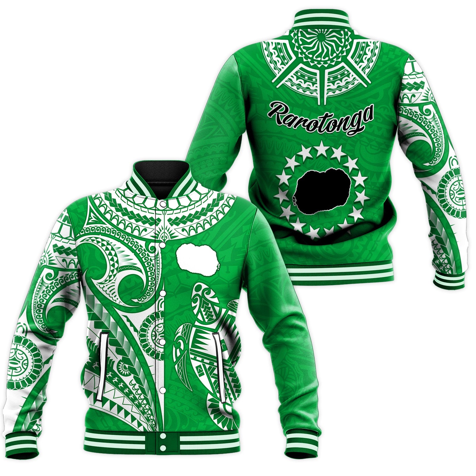 Rarotonga Cook Islands Baseball Jacket Turtle and Map Style Green LT13 Unisex Green - Polynesian Pride