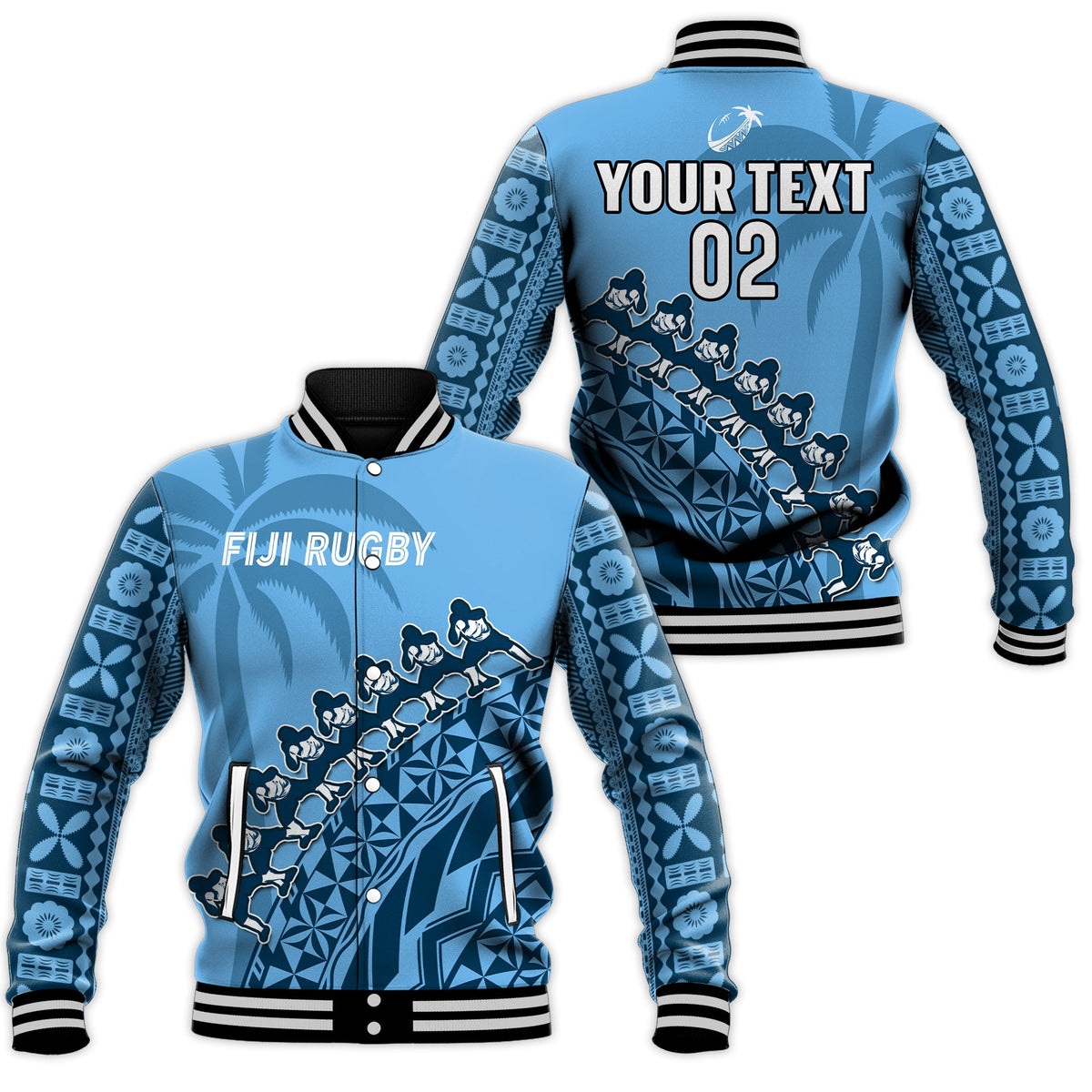 (Custom Text And Number) Fiji Tapa Rugby Baseball Jacket Fijian Cibi Dance Tapa Pattern Blue LT14 Unisex Blue - Polynesian Pride