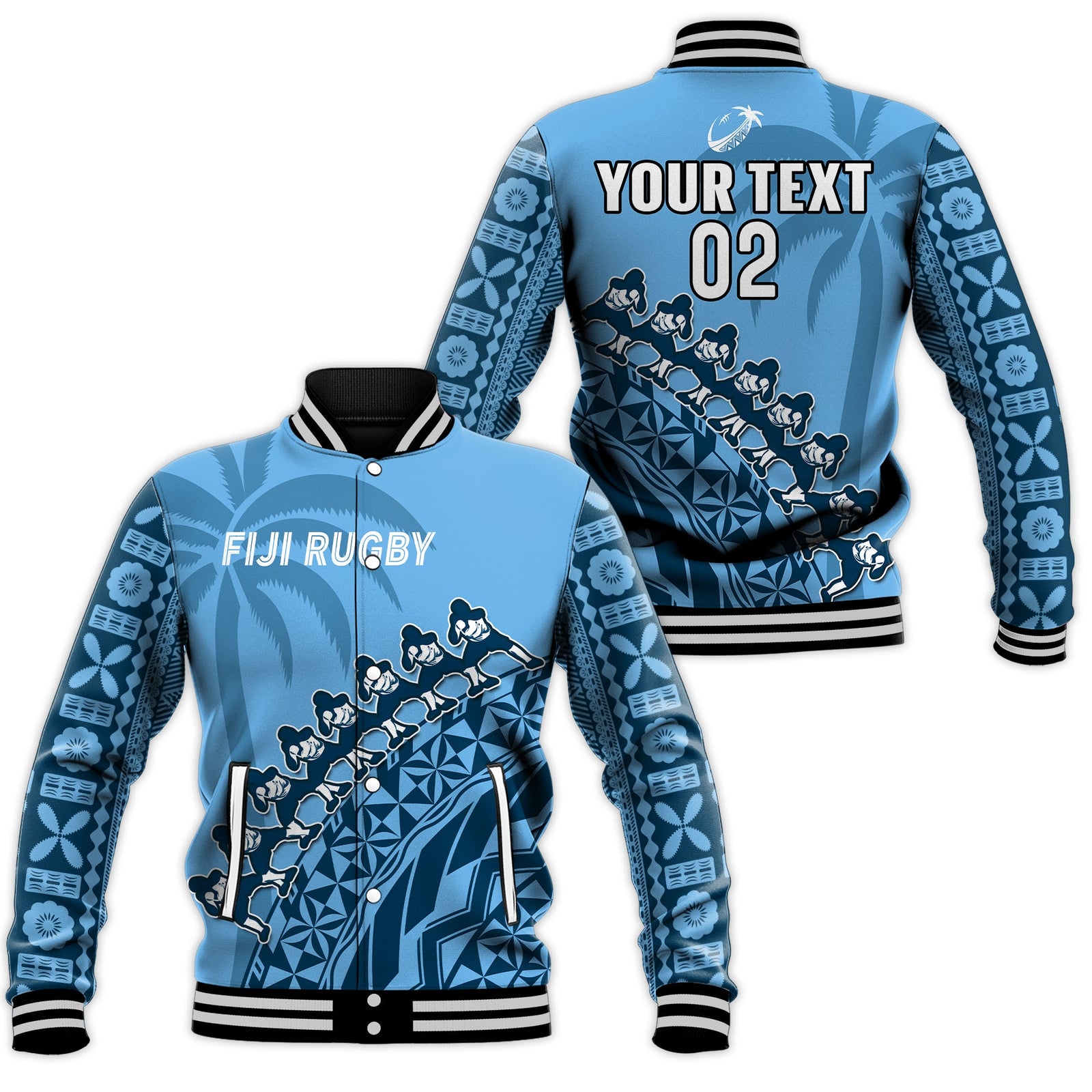 (Custom Text And Number) Fiji Tapa Rugby Baseball Jacket Fijian Cibi Dance Tapa Pattern Blue LT14 Unisex Blue - Polynesian Pride