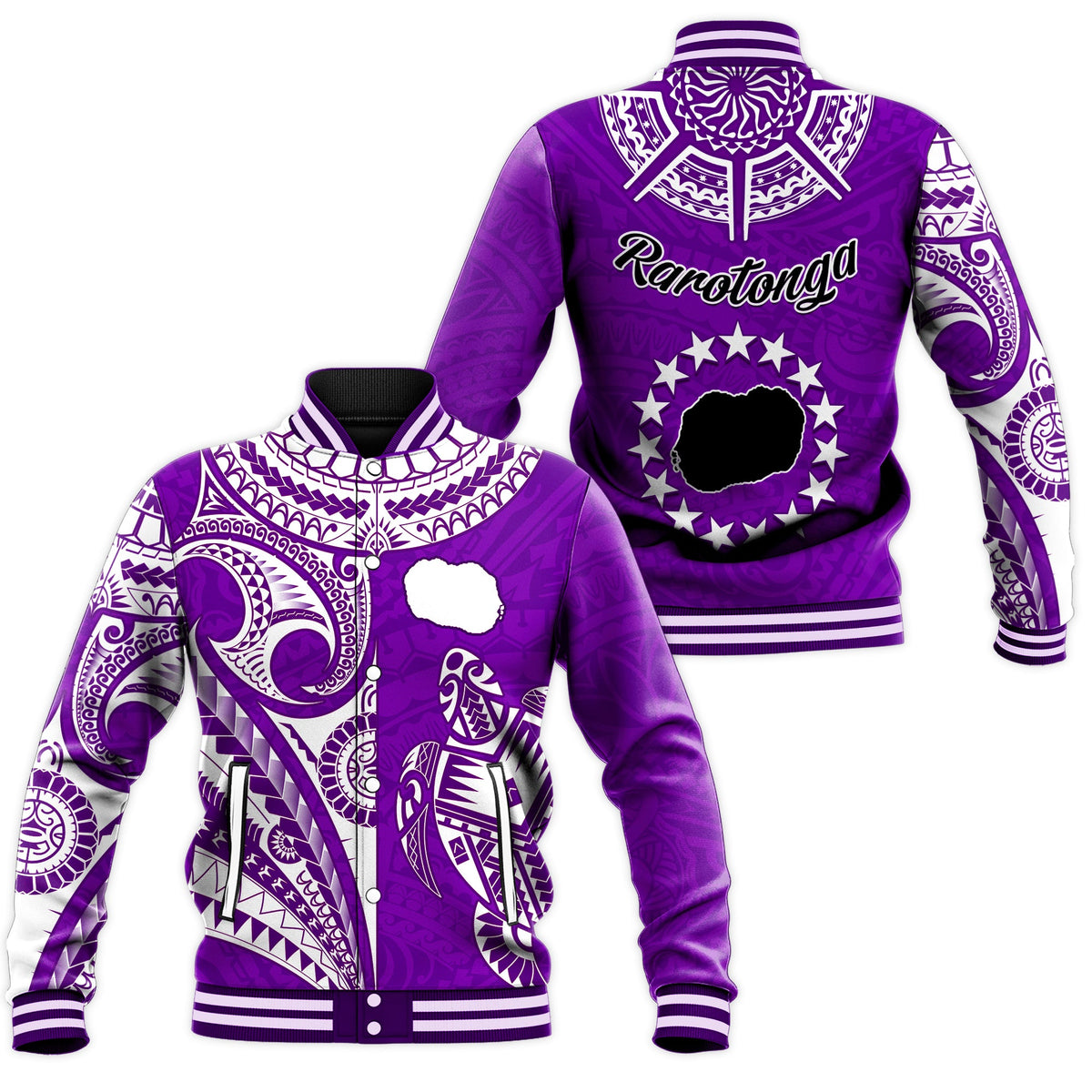 Rarotonga Cook Islands Baseball Jacket Turtle and Map Style Purple LT13 Unisex Purple - Polynesian Pride