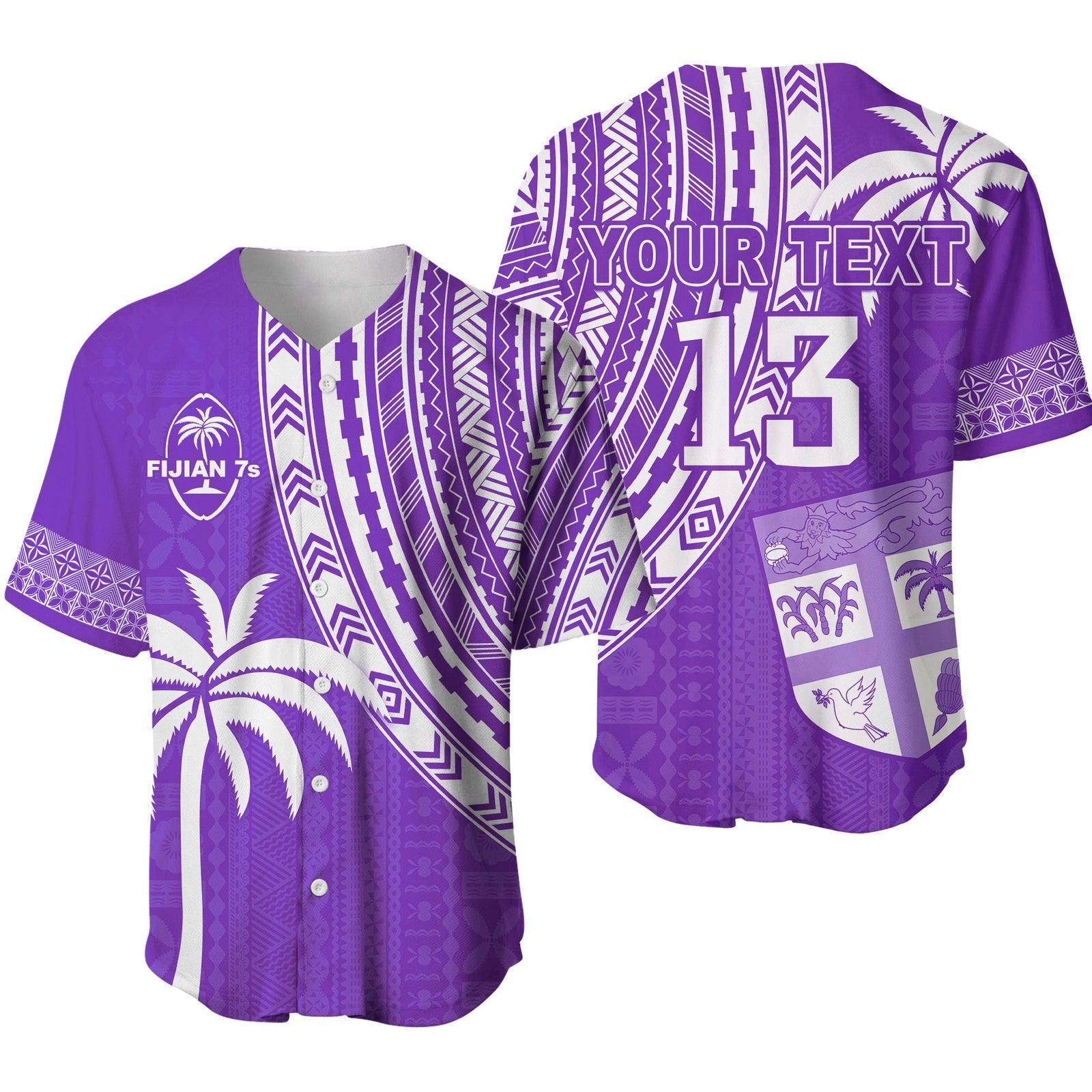 (Custom Text and Number) Fiji Rugby Sevens Baseball Jersey Fijian 7s Tapa Polynesian Purple LT13 Purple - Polynesian Pride
