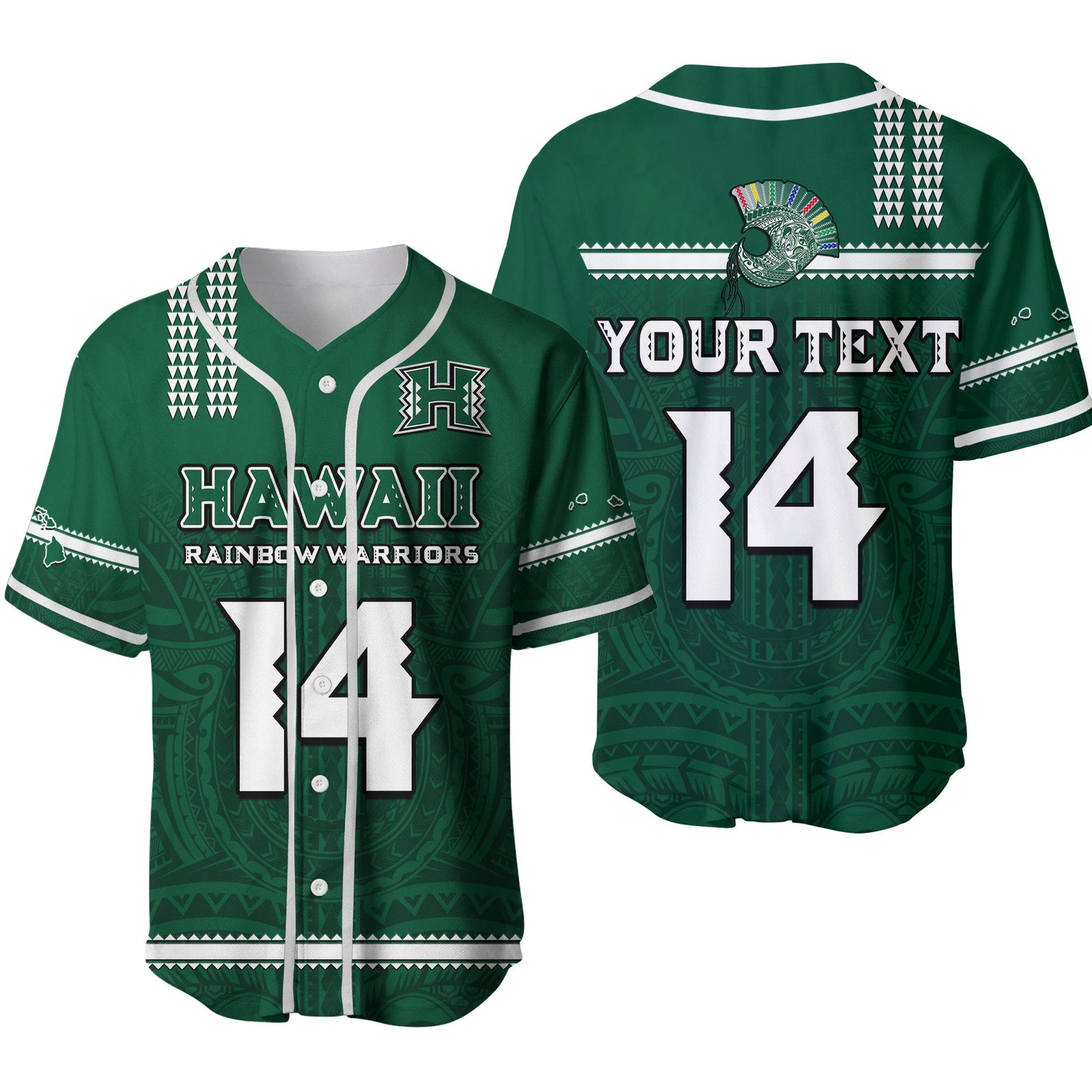 (Custom Text And Number) Hawaii Football Baseball Jersey Kakau Rainbow Warriors Helmet Go Bows Ver.02 LT14 Green - Polynesian Pride