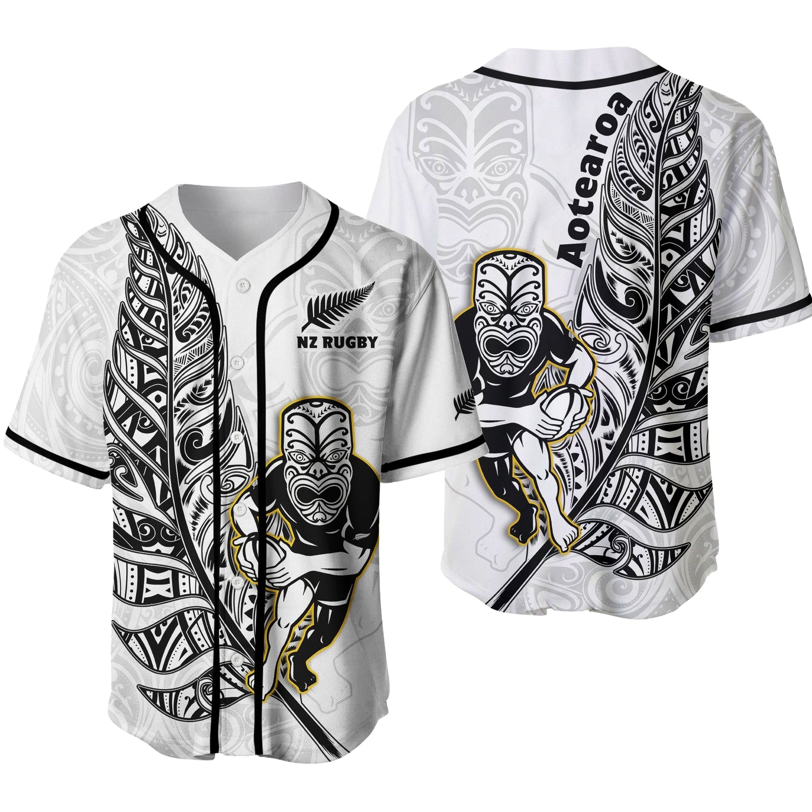 New Zealand Silver Fern Rugby Baseball Jersey All Black Maori Version White Ver.02 LT14 White - Polynesian Pride