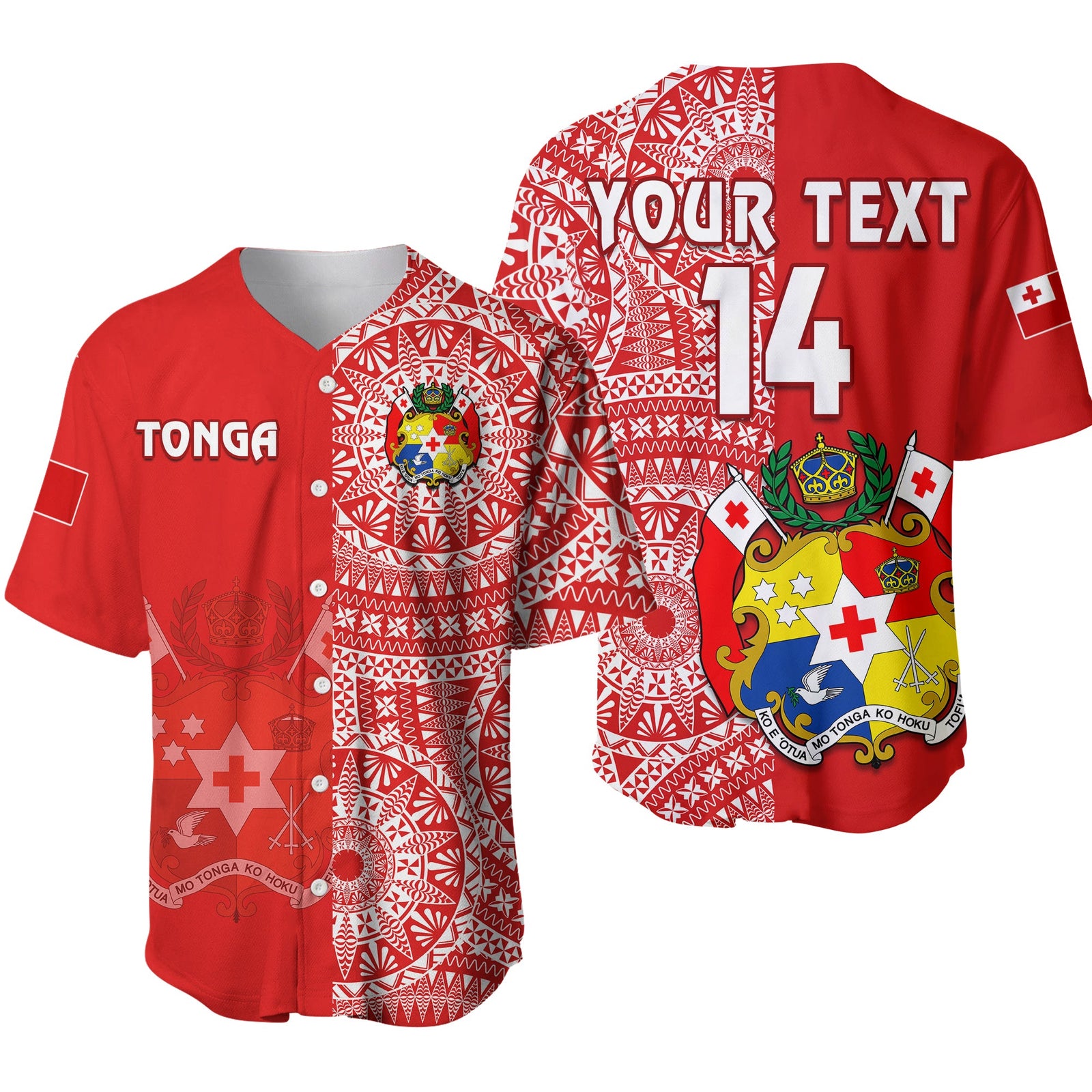 (Custom Text And Number) Tonga Baseball Jersey Tongan Coat Of Arms Ngatu Pattern LT14 Red - Polynesian Pride