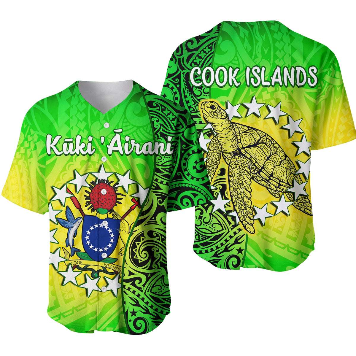 Cook Islands Baseball Jersey Cook Islands Coat Of Arms Turtle Polynesian LT14 Green - Polynesian Pride