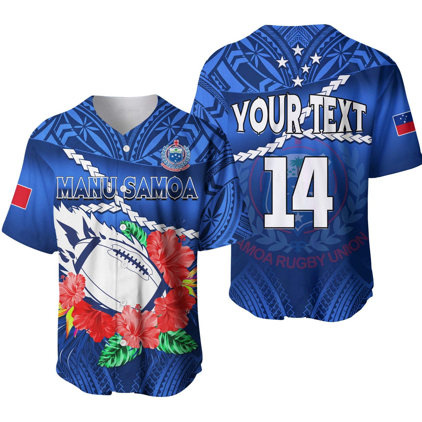 (Custom Text And Number) Samoa Rugby Baseball Jersey Manu Samoa Polynesian Hibiscus Blue Style LT14 Blue - Polynesian Pride