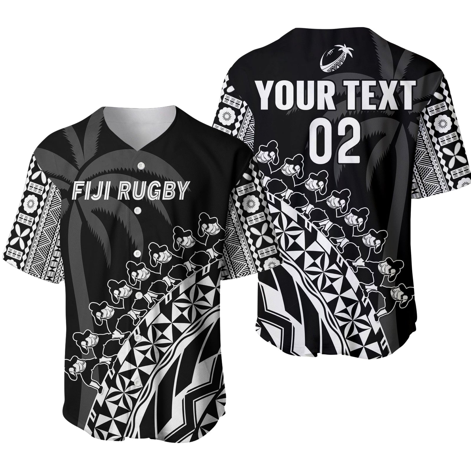 (Custom Text And Number) Fiji Rugby Baseball Jersey Fijian Cibi Dance Tapa Pattern Black LT14 Black - Polynesian Pride