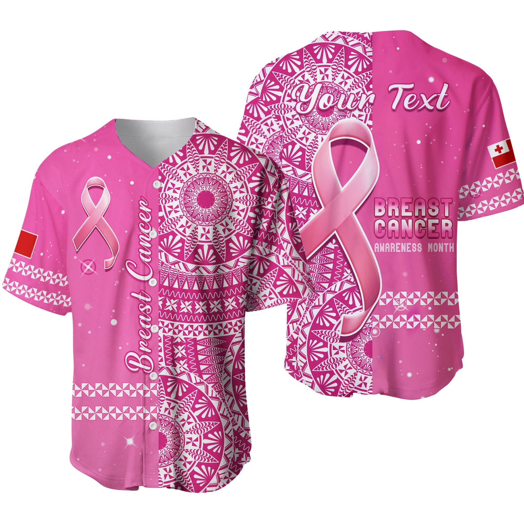 (Custom Personalised) Tonga Breast Cancer Baseball Jersey Tongan Ngatu Pattern No One Fights Alone LT14 Pink - Polynesian Pride