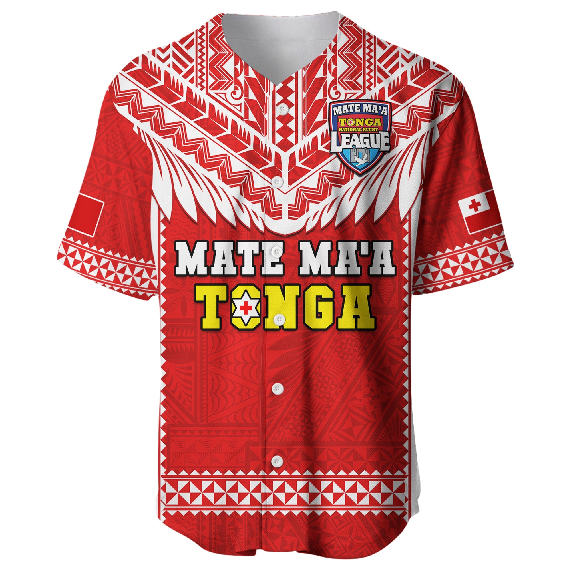 Tonga Rugby Baseball Jersey Mate Maa Tonga Pacific Ngatu White LT14 Red - Polynesian Pride