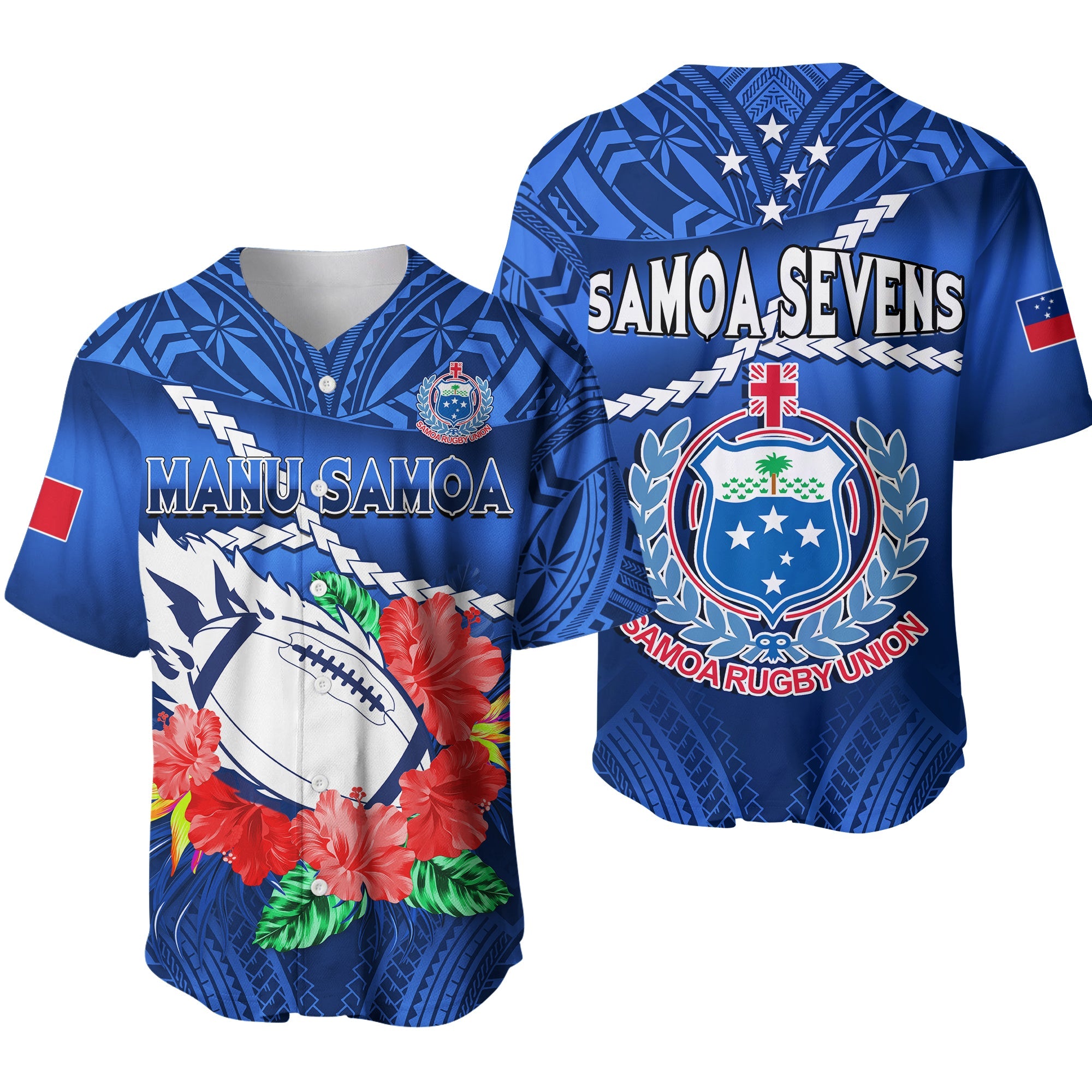 Samoa Rugby Baseball Jersey Manu Samoa Polynesian Hibiscus Blue Style LT14 Blue - Polynesian Pride