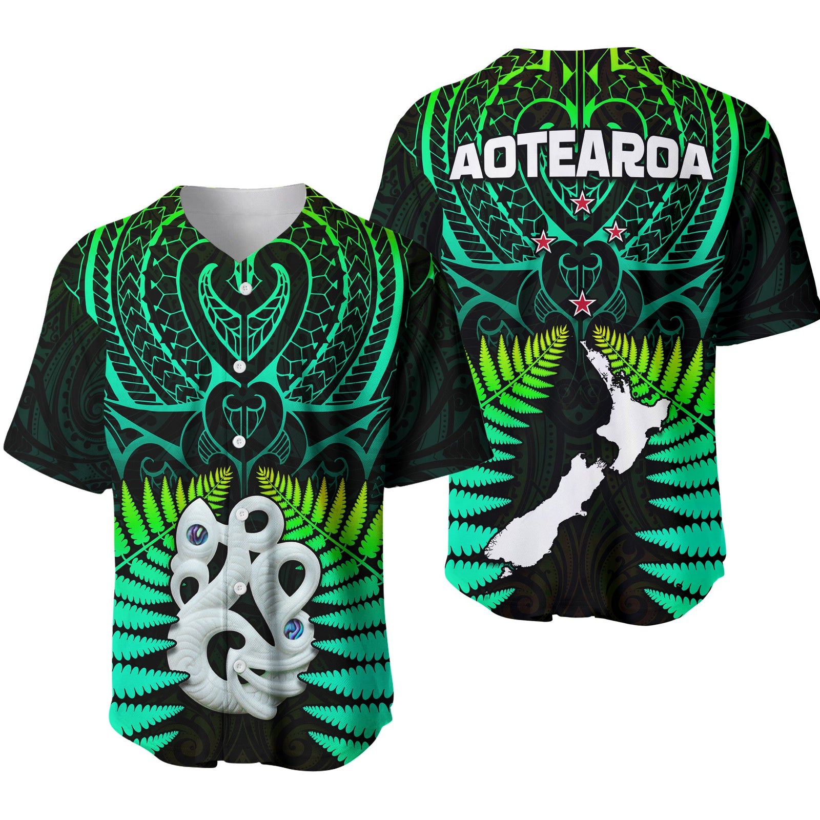 Aotearoa Fern Baseball Jersey New Zealand Hei Tiki Green Style LT13 Green - Polynesian Pride