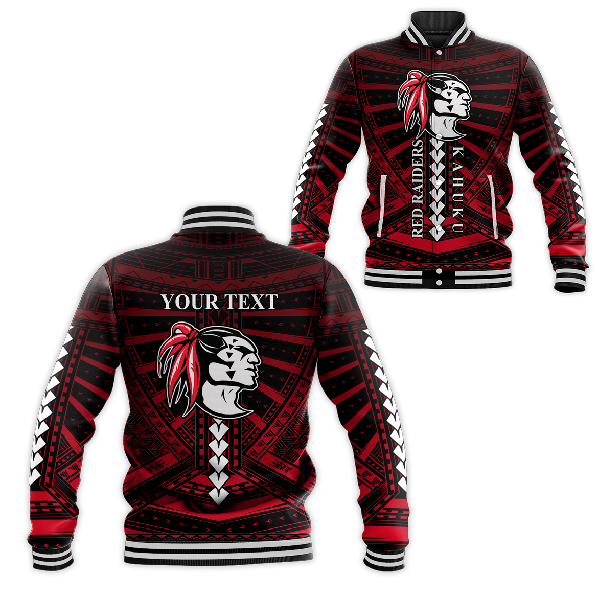 (Custom Personalised) Polynesian Red Raiders Baseball Jacket - Kahuku Hawaii School LT13 Unisex Black - Polynesian Pride