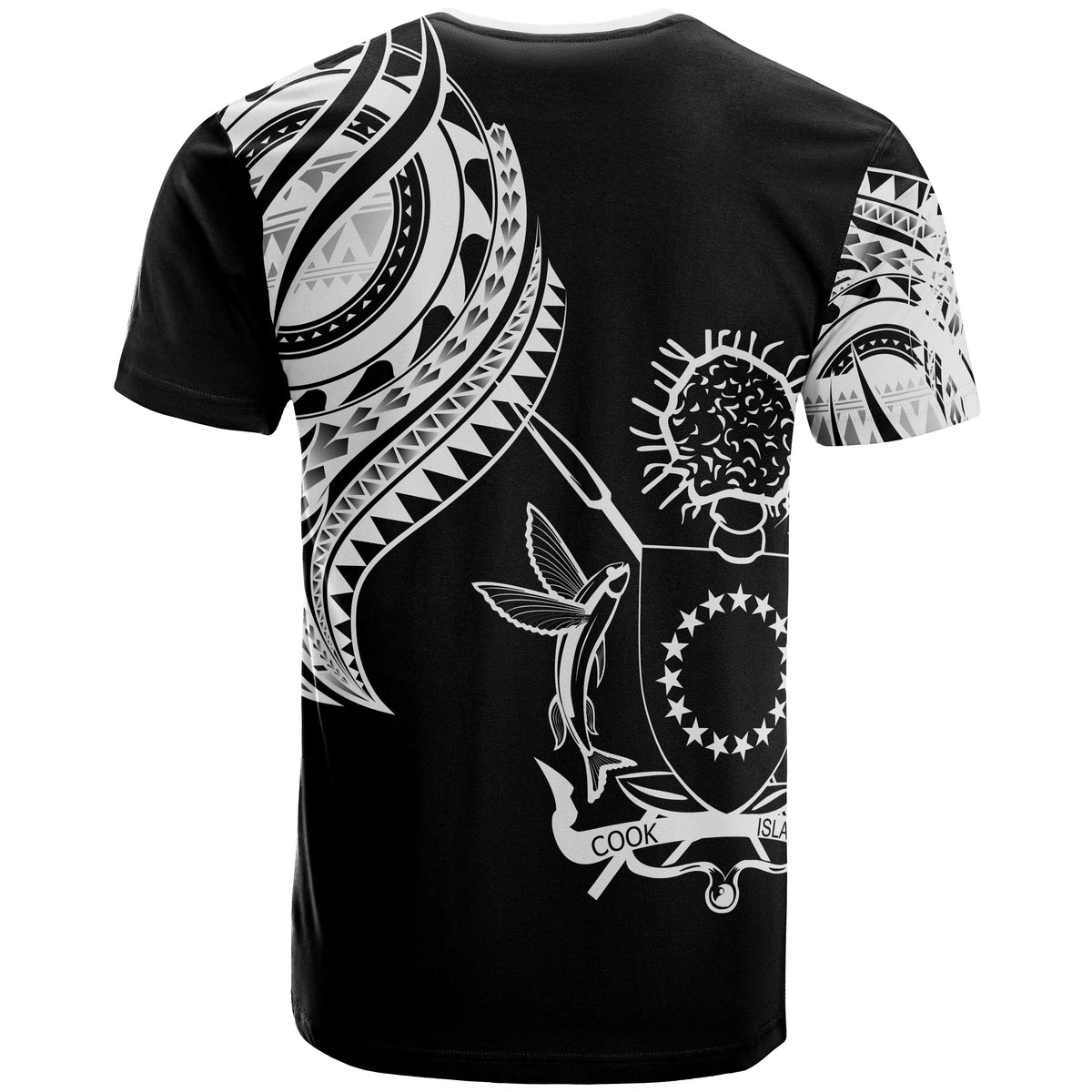 Cook Islands T Shirt Polynesian Tatau White Patterns With Coat of Arms - Polynesian Pride
