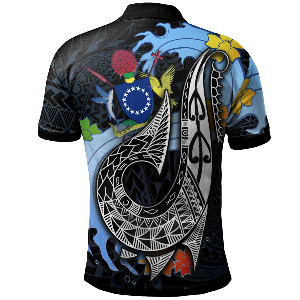 Cook Islands Polo Shirt Fish Hooks and Wave - Polynesian Pride