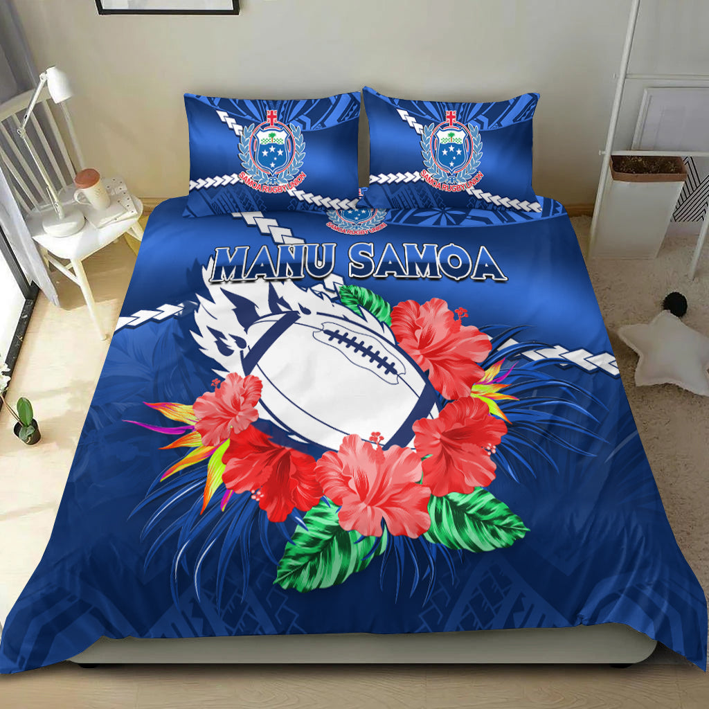Samoa Rugby Bedding Set Manu Samoa Polynesian Hibiscus Blue Style LT14 Blue - Polynesian Pride