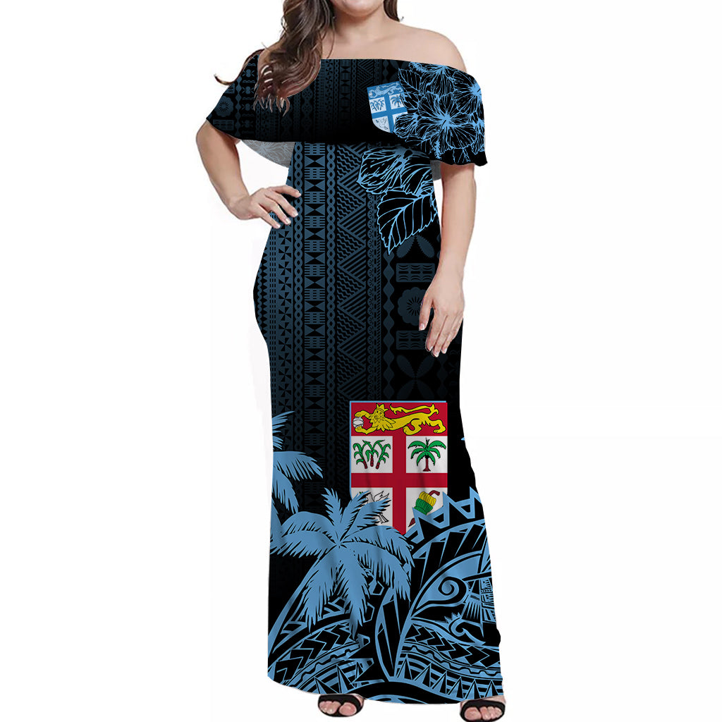 Fiji Tapa On The Waves Off Shoulder Long Dress Blue LT7 Long Dress Blue - Polynesian Pride