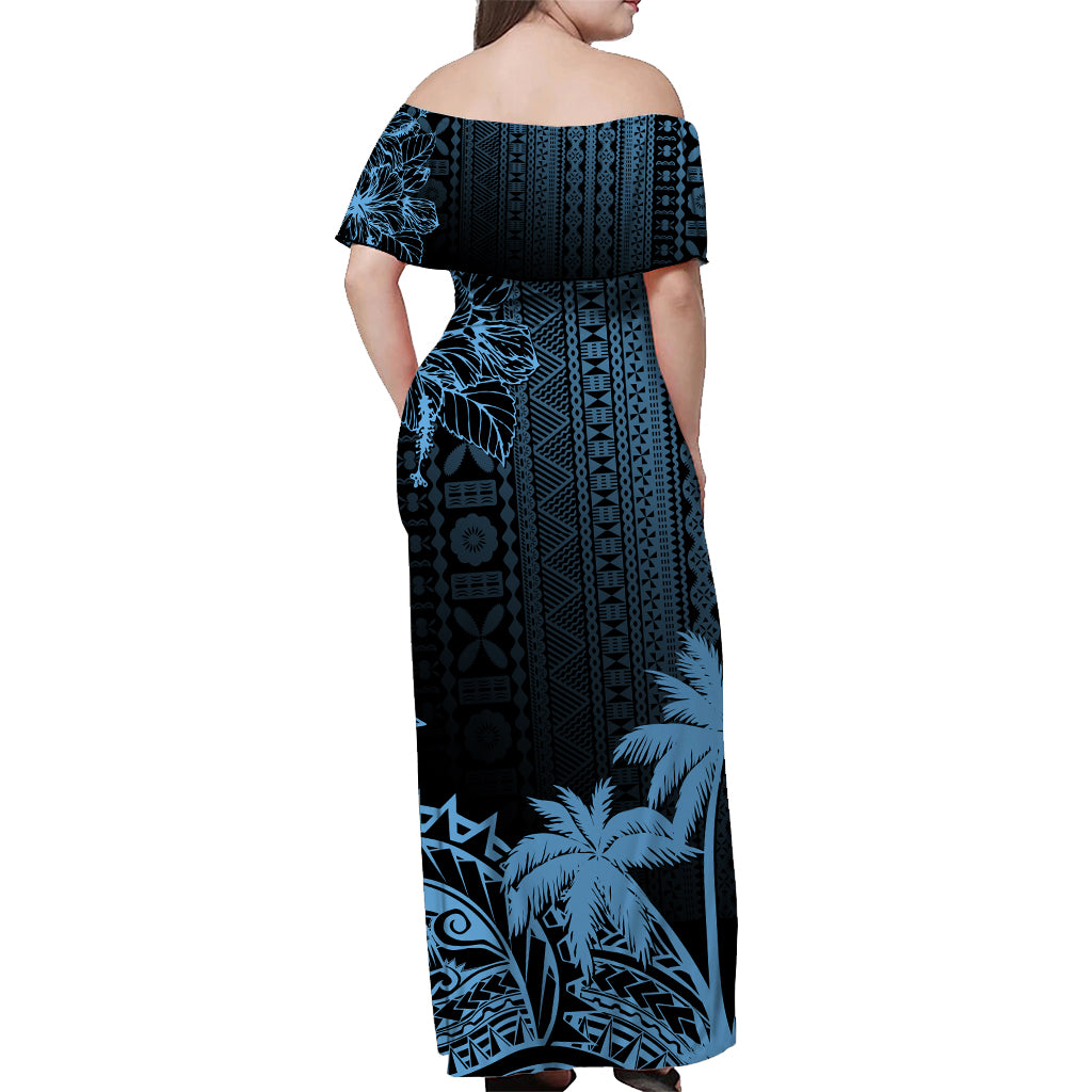 Fiji Tapa On The Waves Off Shoulder Long Dress Blue LT7 - Polynesian Pride