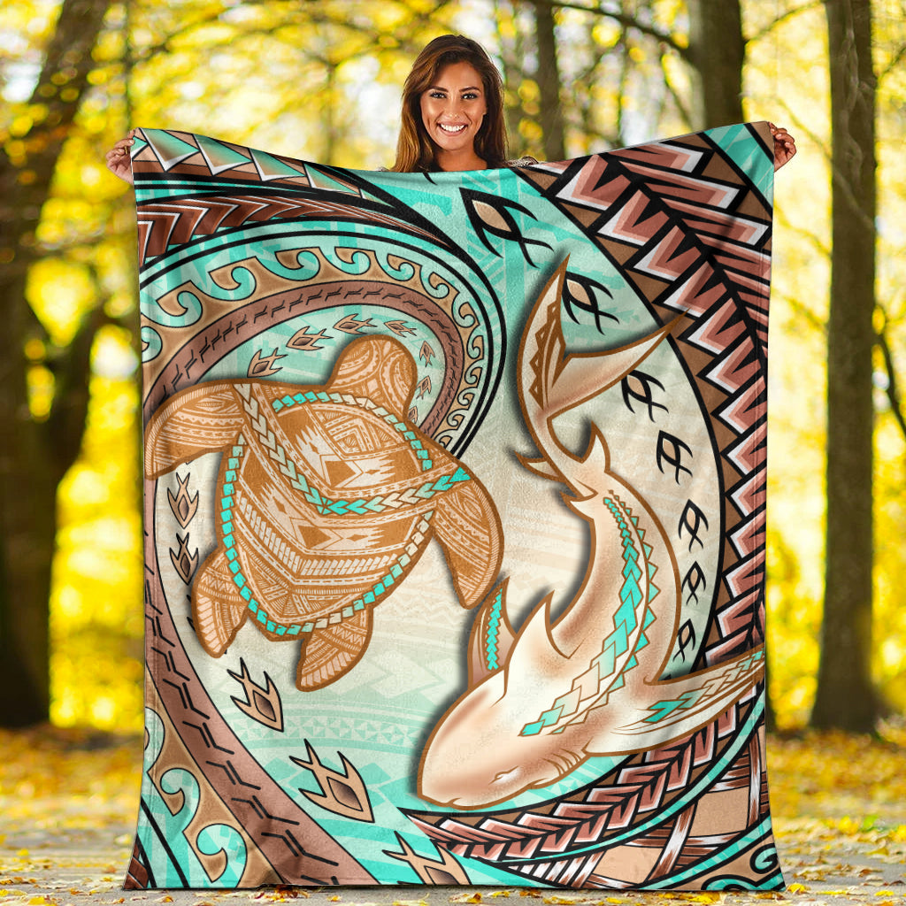Hawaii Premium Blanket Polynesian Shark And Sea Turtle Dreamy Turquoise Artsy LT14 - Polynesian Pride