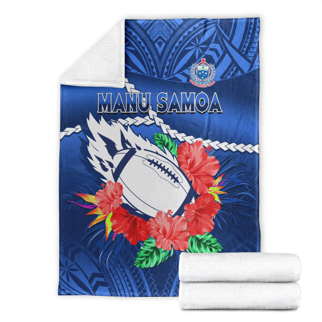 Samoa Rugby Premium Blanket Manu Samoa Polynesian Hibiscus Blue Style LT14 - Polynesian Pride