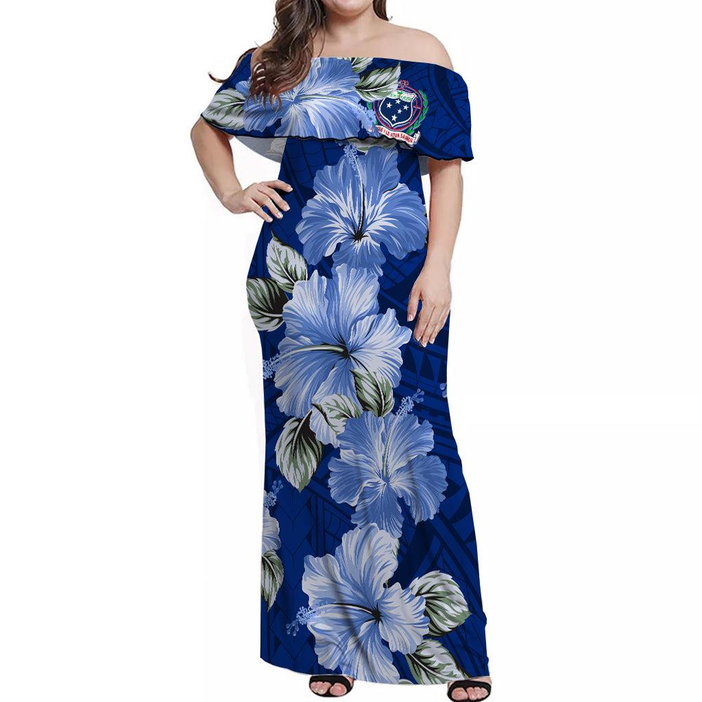 Samoa Off Shoulder Long Dress Hibiscus Unique Style - Blue LT7 Long Dress Blue - Polynesian Pride