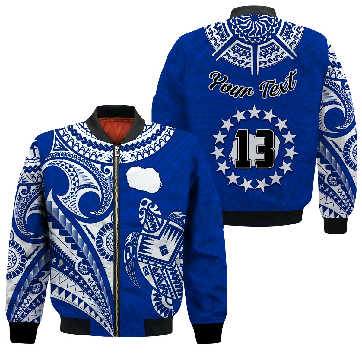 (Custom Text and Number) Rarotonga Cook Islands Bomber Jacket Turtle and Map Style Blue LT13 Unisex Blue - Polynesian Pride