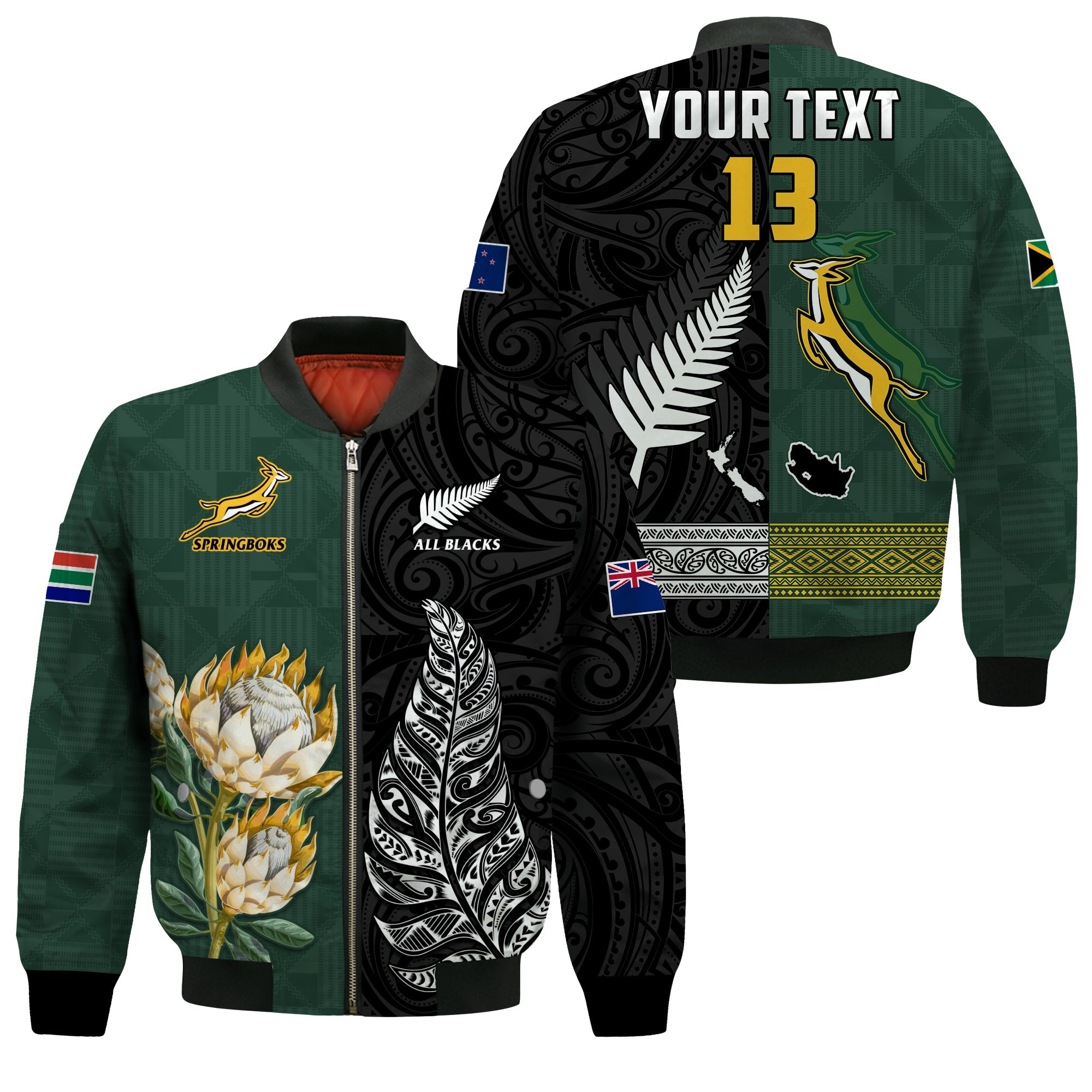 (Custom Text and Number) South Africa Protea and New Zealand Fern Bomber Jacket Rugby Go Springboks vs All Black LT13 Unisex Art - Polynesian Pride