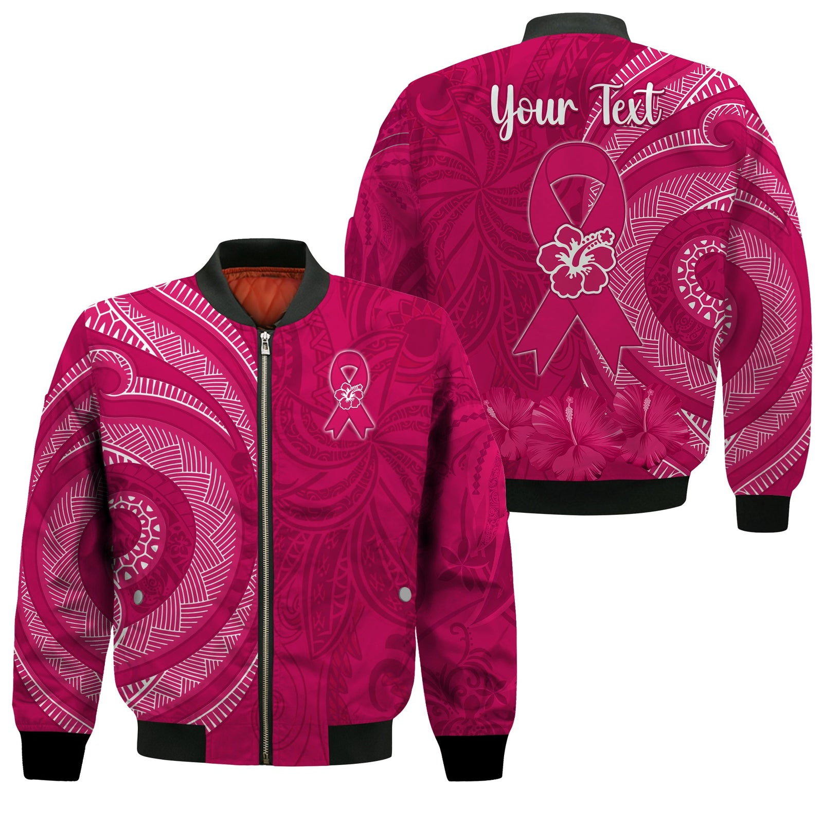(Custom Personalised) Breast Cancer Awareness Bomber Jacket Hibiscus Polynesian No One Fights Alone LT13 Unisex Pink - Polynesian Pride